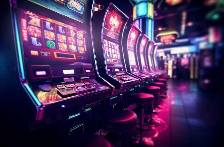 Slot game interface showing reels, paylines, and bet controls
